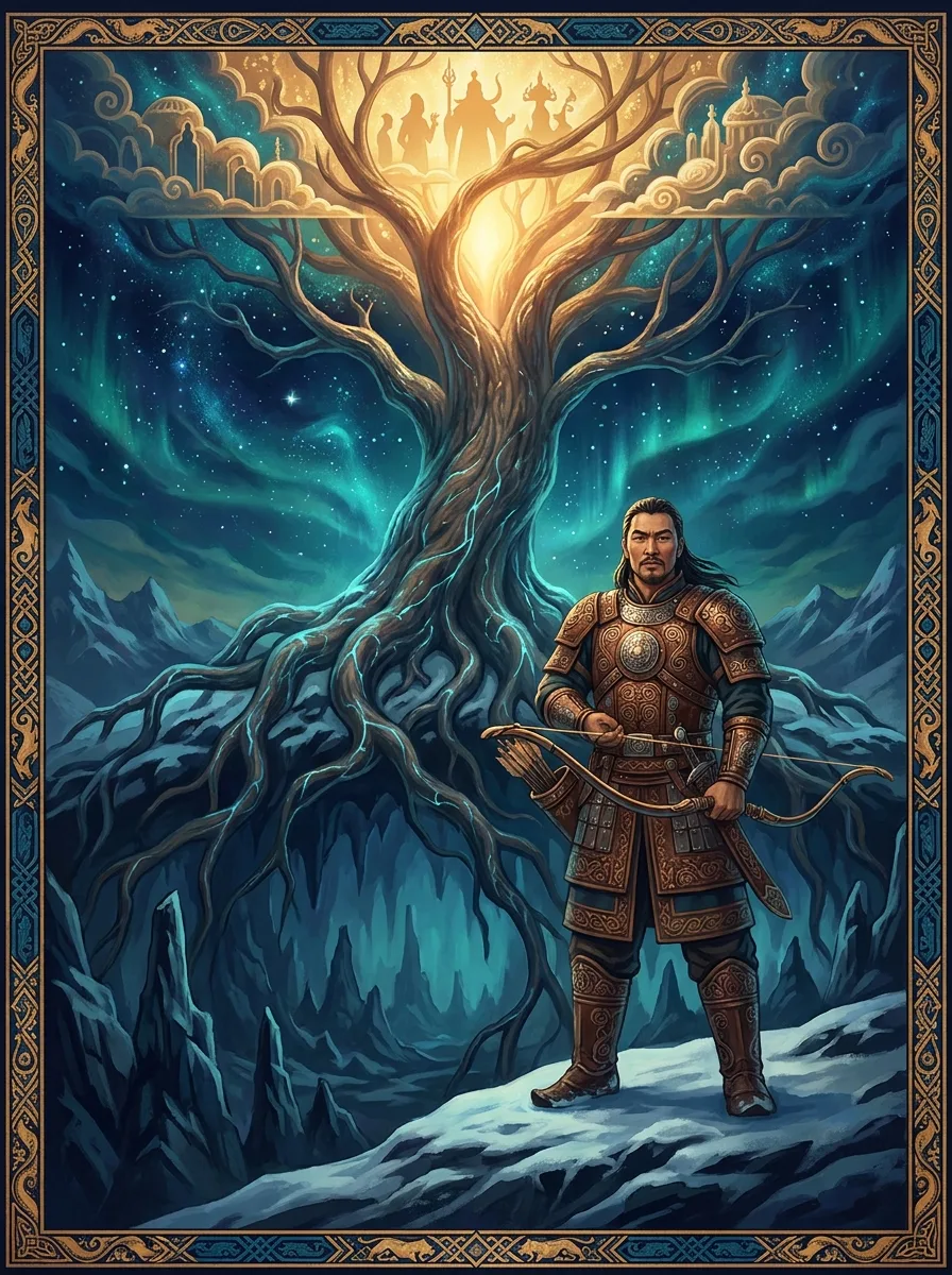 The hero-bootur Nurgun before the World Tree Aal Luuk Mas