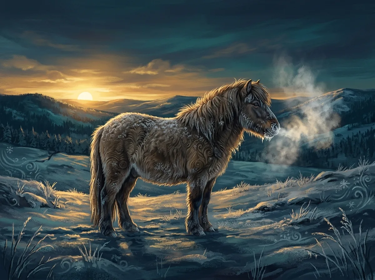 A Yakutian horse on the winter steppe at dawn