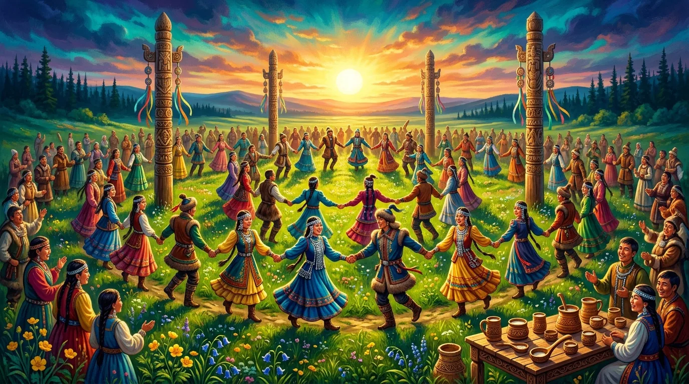 The Ysyakh festival: the circular osuokhai dance around carved serge posts